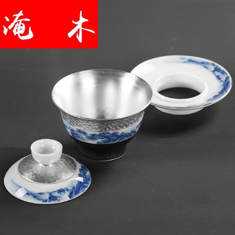 Submerged wood hand - made tureen tea cups, only three cups Chinese worship of blue and white porcelain bowl tea tasted silver gilding three cups