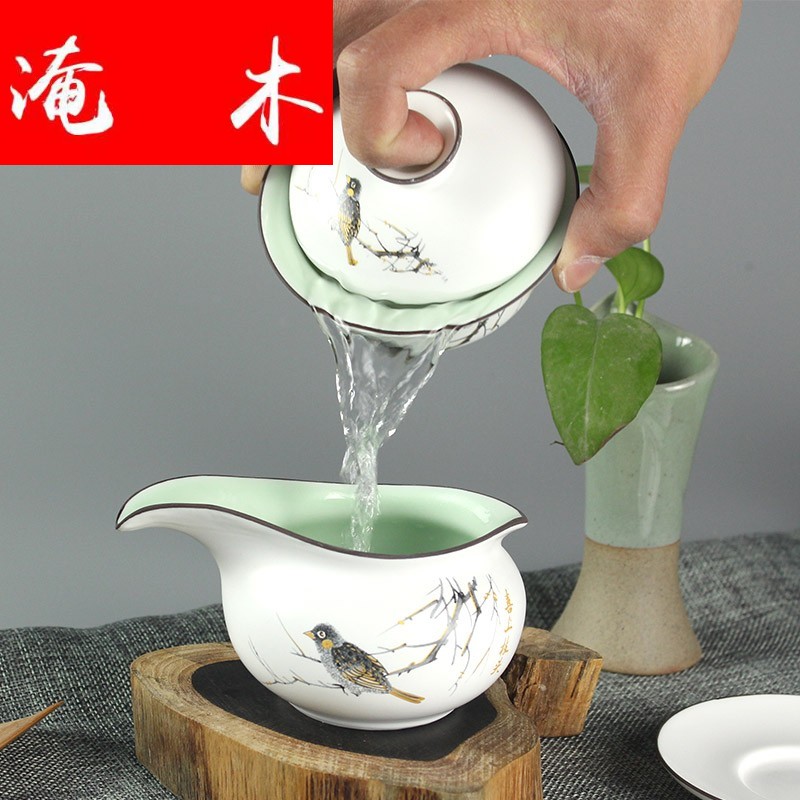 Flooded jingdezhen wood powder enamel fat white only three tureen ceramic tea bowl of kung fu tea cups to use is on sale