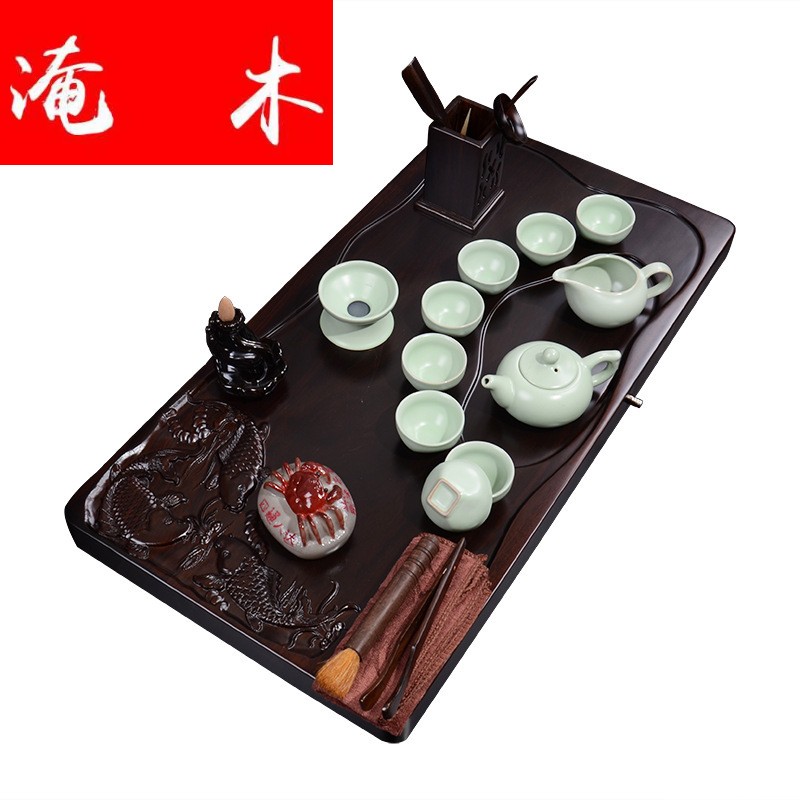 Flooded three fish swimming ebony wood tea tray hand draw your up ceramic kung fu tea set can be automatically