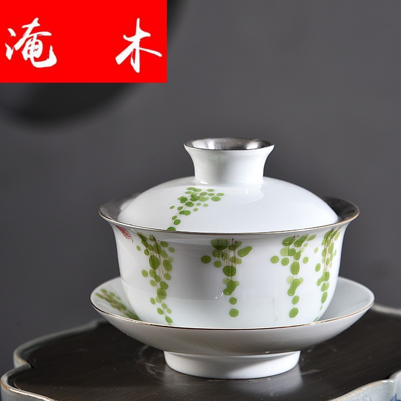 Flooded wooden household hand - made porcelain jingdezhen ceramics tureen checking sterling silver kungfu tasted silver gilding GaiWanCha only three