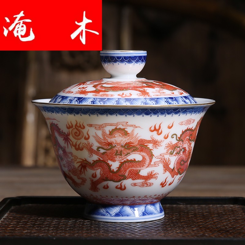 Flooded jingdezhen wood antique checking porcelain enamel tureen alum red paint dragon three hand tureen kung fu tea set