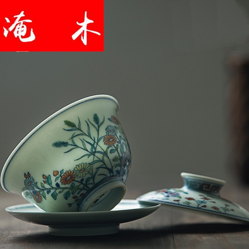 Flooded the wooden bucket capacity up tureen ceramic large hand - made jingdezhen manual enamel three bowl of tea set