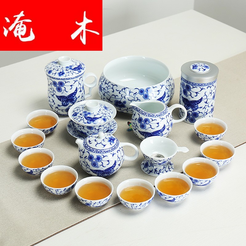 Submerged wood of a complete set of kung fu tea set household hand - made ceramic tureen tea cup teapot blue open box office