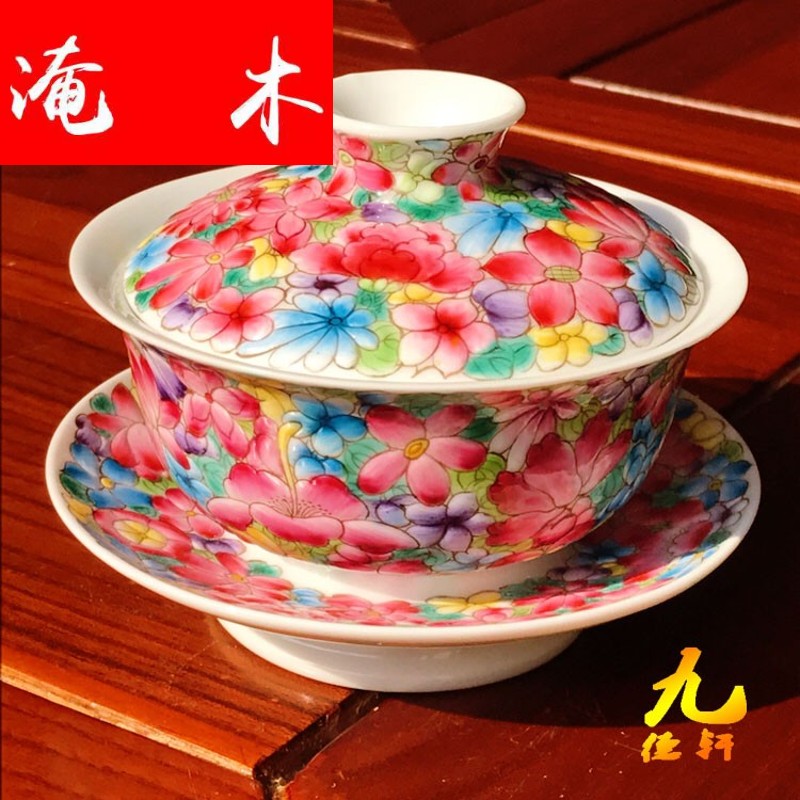 Submerged wood jingdezhen pure manual tire seiko hand - made colored enamel flower tea tureen enamel kung fu tea set three