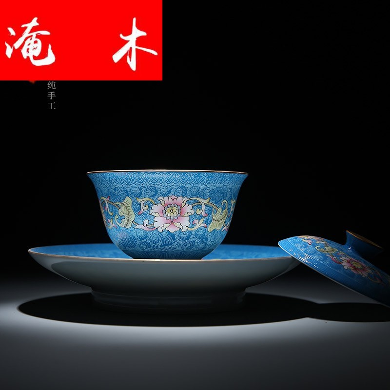 Submerged wood jingdezhen manual pick flowers pastel bound branch flowers tureen hand - made kung fu tea set three porcelain bowl