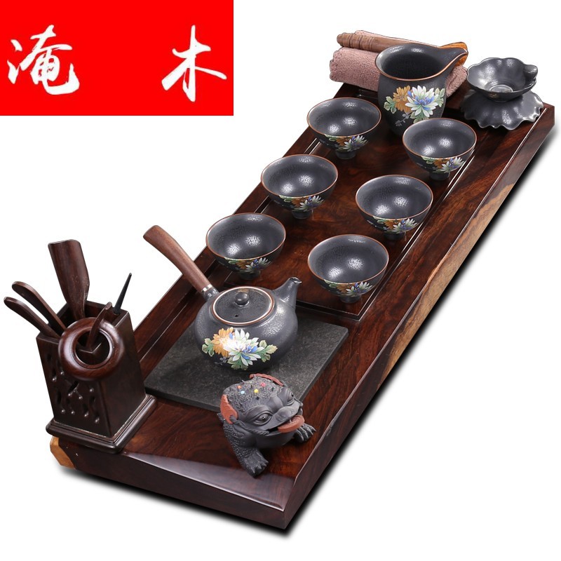 Flooded the whole piece of ebony wood tea tray ceramic kung fu tea set of black suit of a complete set of domestic tea the original solid wood