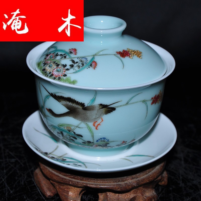 Submerged wood jingdezhen porcelain tea tureen hand - made pastel three cup Jin Hongxia hand bowl