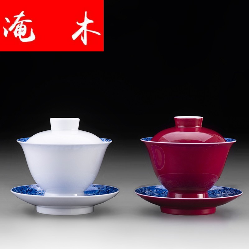 Submerged wood carmine tureen three cups to make tea bowl of jingdezhen blue and white kung fu tea tea tea set home