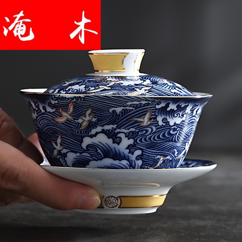 Flooded wood retro tureen household ceramic cups large blue and white porcelain tea bowl is only three colored enamel hot kung fu