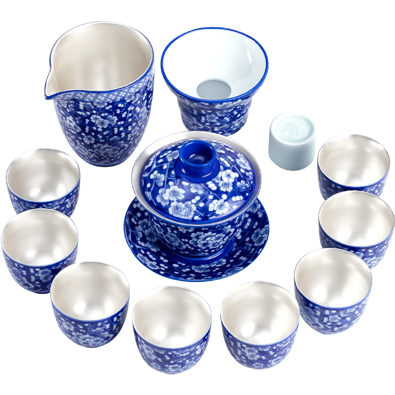 NiuRen kung fu tea set of blue and white porcelain coppering. As silver tea sets, 999 sterling silver tureen home office tea