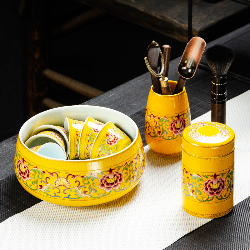 NiuRen colored enamel ebony tea six gentleman 's suit tea accessories of caddy fixings tea wash to the ceramic seal pot