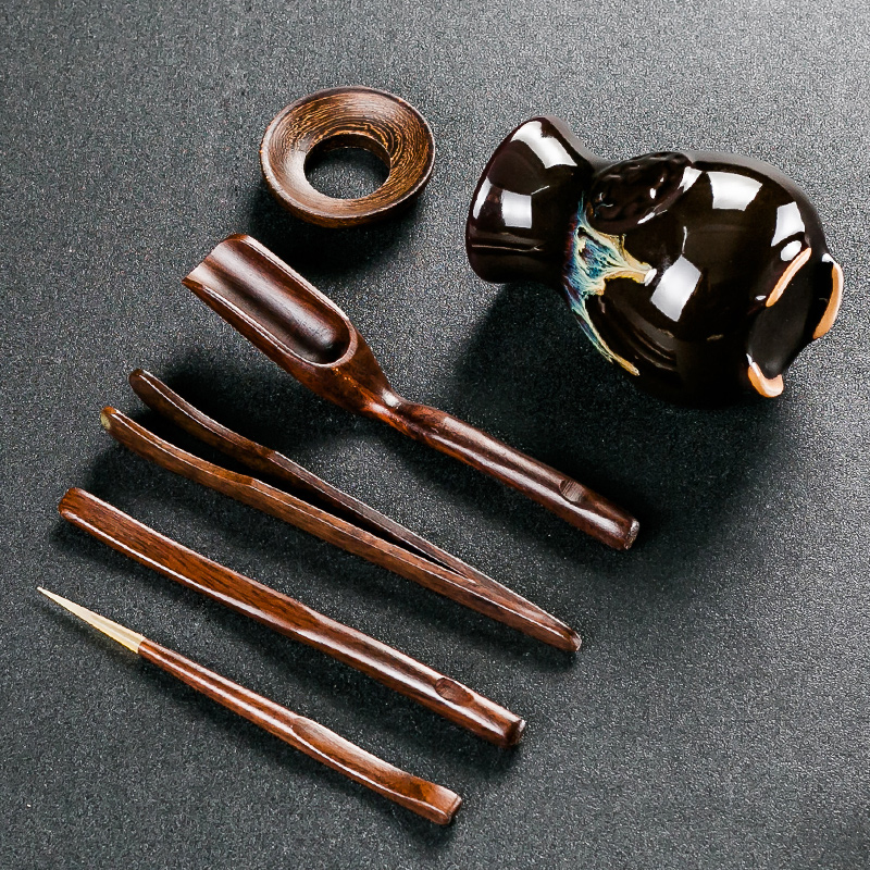 NiuRen ceramic tea six gentleman 's suit kung fu tea accessories ebony wood home tea taking group ChaGa tea spoon