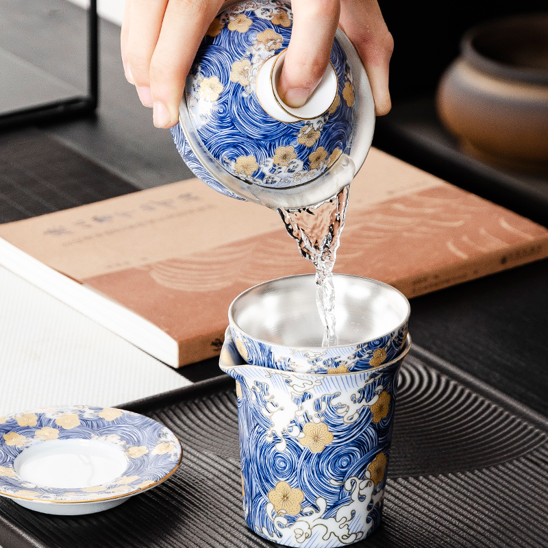 NiuRen household coppering. As silver kung fu tea set contracted tea cups porcelain enamel see colour lid bowl of gift boxes