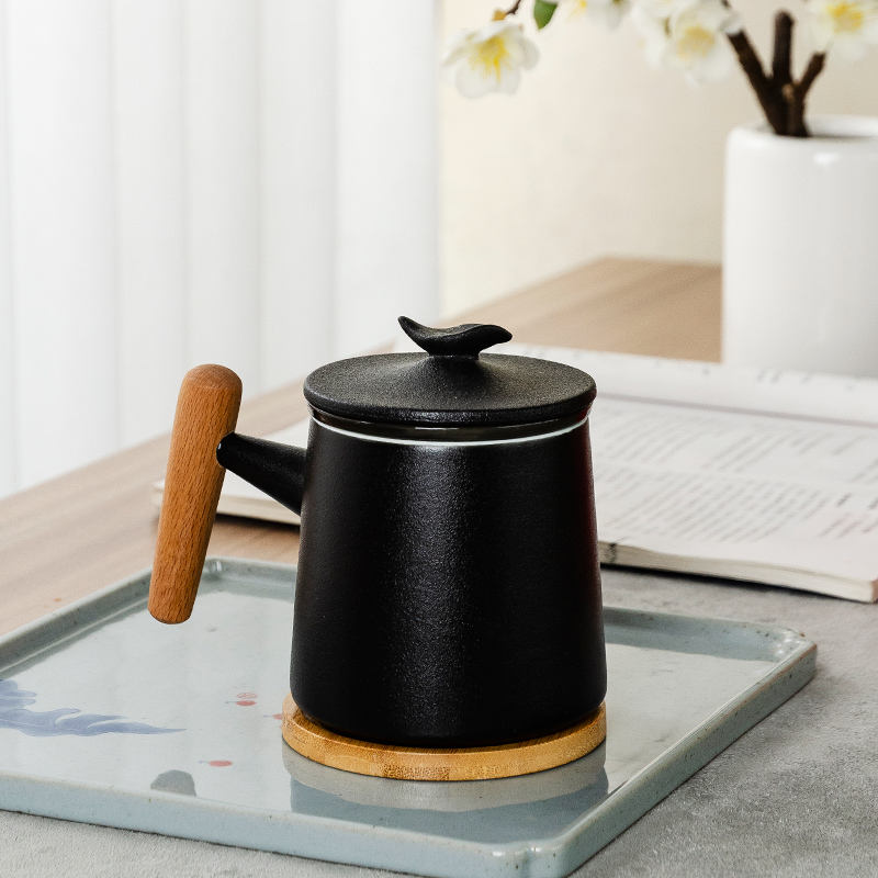 NiuRen contracted ceramic tea cup keller, black pottery creative office with cover filter household water cup custom move