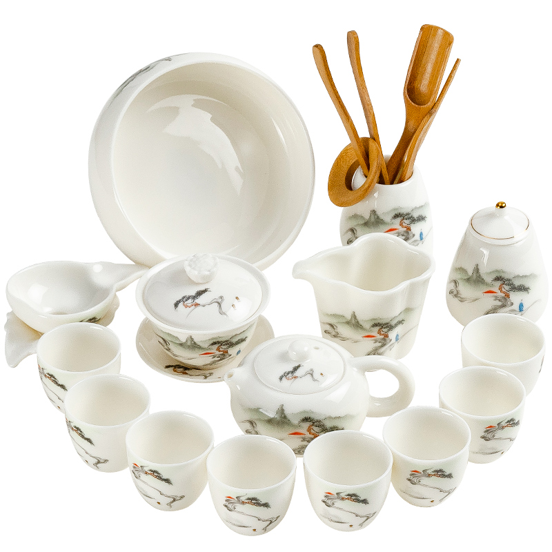 NiuRenDe the suet jade white porcelain kung fu tea set home sitting room tureen ceramic tea cup tea tea set