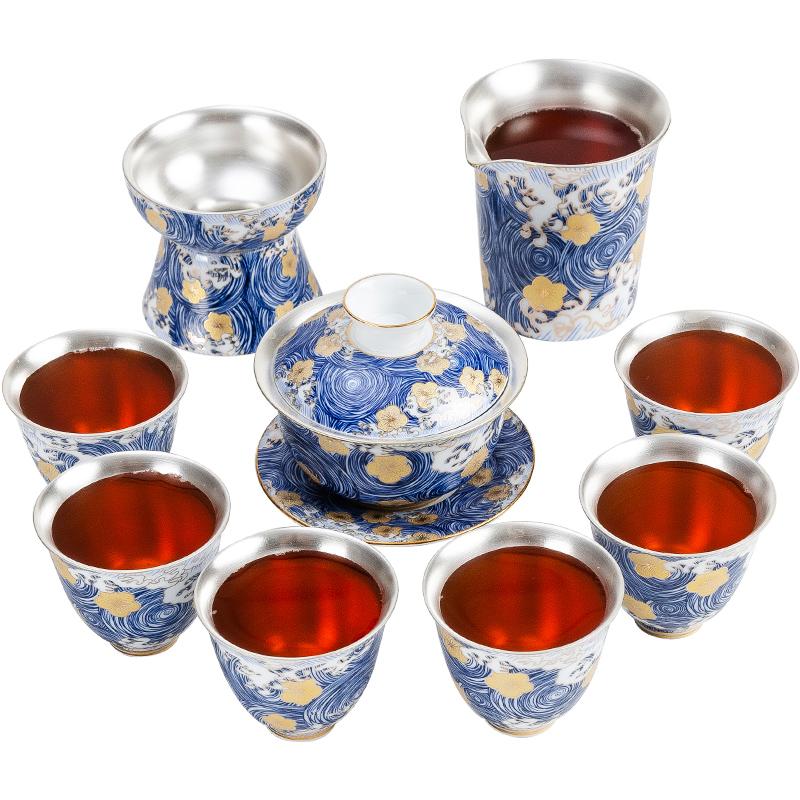 NiuRen household coppering. As silver kung fu tea set contracted tea cups porcelain enamel see colour lid bowl of gift boxes