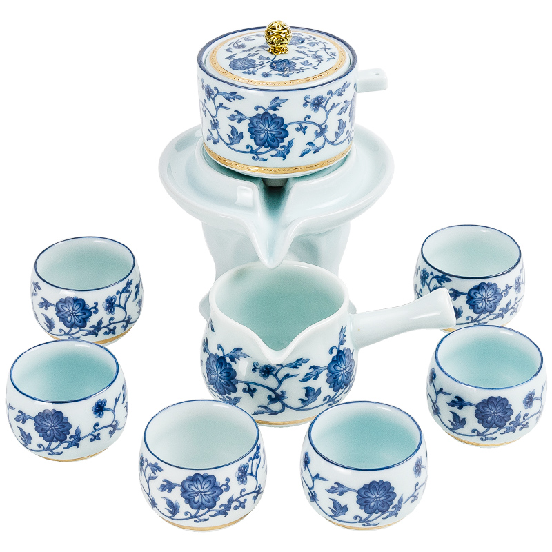 NiuRen blue and white porcelain tea set suit household whole semi - automatic creative stone mill lazy kung fu tea tea cups