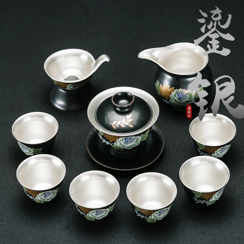 NiuRen household ceramic tea set coppering. As silver 999 sterling silver tea service of a complete set of kung fu tea tea bowl of gift boxes