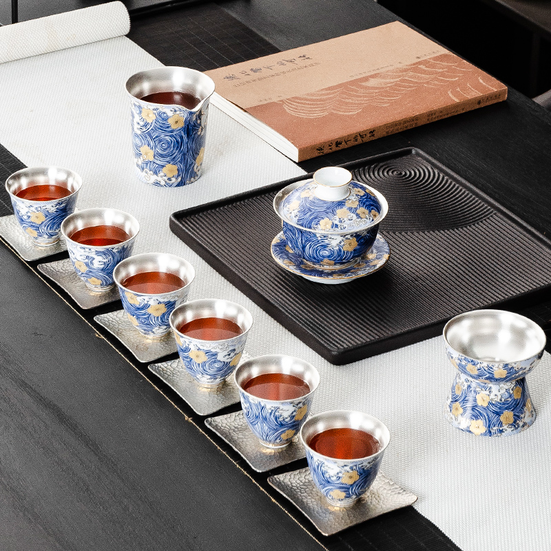 NiuRen household coppering. As silver kung fu tea set contracted tea cups porcelain enamel see colour lid bowl of gift boxes