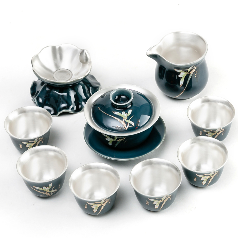 NiuRen ceramic coppering. As silver kung fu tea set silver tureen sitting room tea cups home office gift boxes