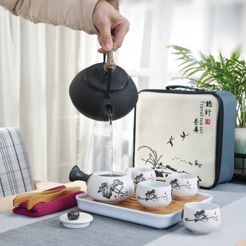 Japanese household travel tea set suit portable small sets of bags kung fu tea cup teapot contracted snowflakes purple