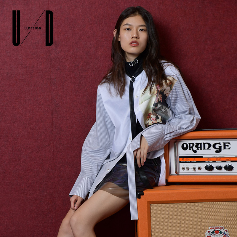 N-one UD女装慵懒风上衣女秋冷淡风条纹衬衫女中长款