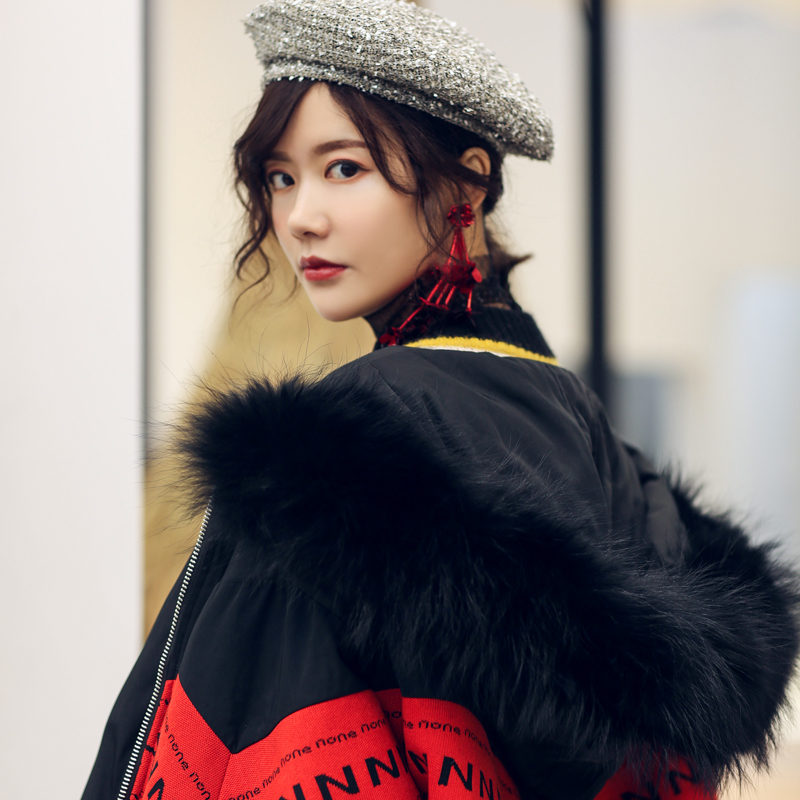 N-one冬季新款字母印花大毛领连帽羽绒服女