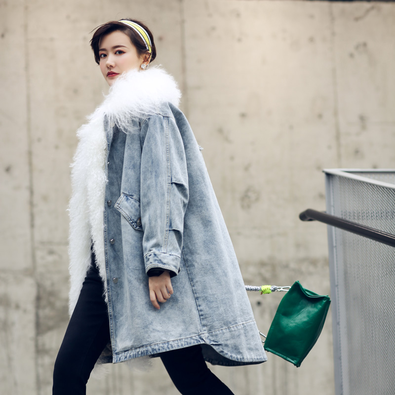 N-one冬装大毛领滩羊毛水洗破洞牛仔外套女棉服