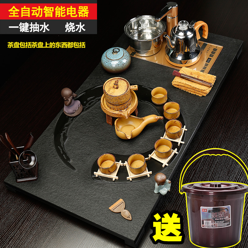 Back on a complete set of kung fu tea set suit household sharply stone solid wood tea tray was purple ceramic contracted tea tea taking