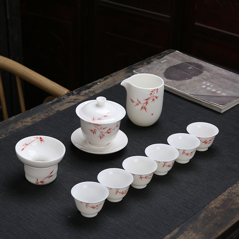 Back at dehua white porcelain household suet jade porcelain of a complete set of kung fu tea sets tea teapot teacup