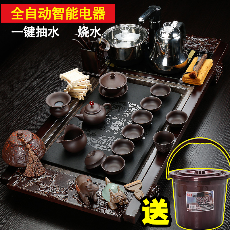 Back on a complete set of kung fu tea set four ceramic home tureen violet arenaceous electric furnace and solid wood tea tray