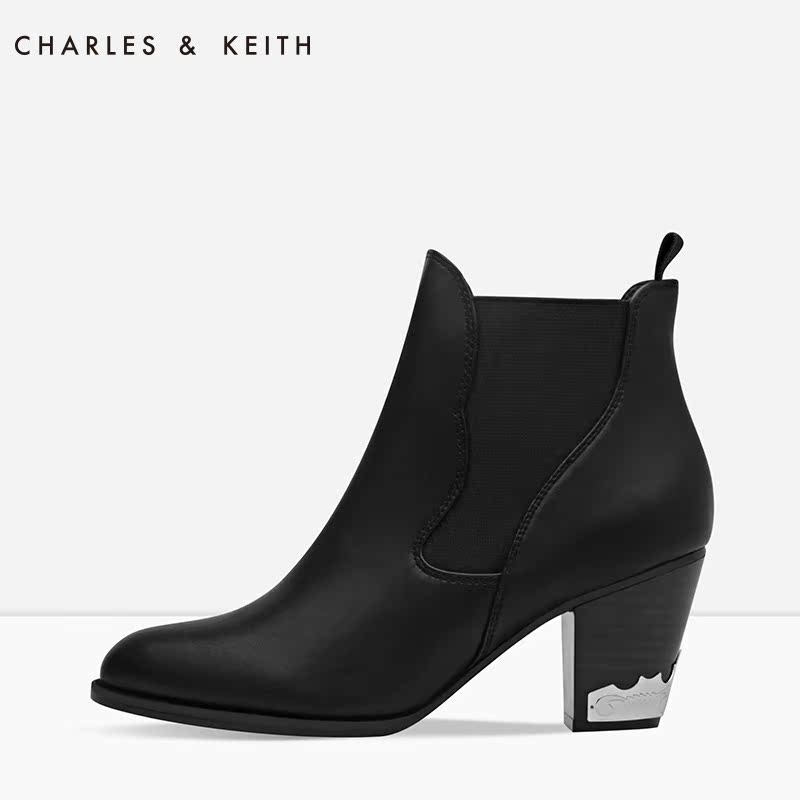 CHARLES&KEITH 短筒靴 CK1-90900014 尖头金属粗跟高跟女靴产品展示图5