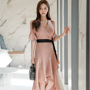 Spring and summer new Korean style elegant intellectual thin Lace Up Dress Medium Length Skirt