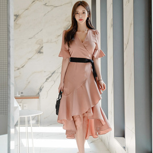 Spring and summer new Korean style elegant intellectual thin Lace Up Dress Medium Length Skirt