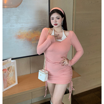 King Grape Slightly Fatter Custom Spring Sexy Hot Girl Fake Two Long Sleeves Hang neck Dress Pure Desire Wind Strap Short Skirt