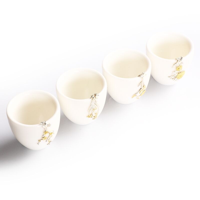 Dehua white porcelain inlay silver cup suet white ceramic sample tea cup kung fu tea tea service master cup single cup, bowl of gifts