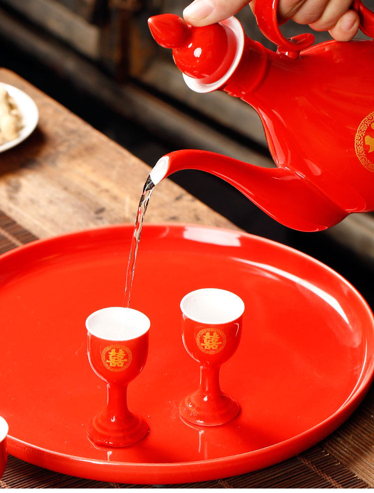 瓷昱轩中国红色婚庆酒具结婚敬酒杯 陶瓷酒壶白酒结婚交杯酒杯