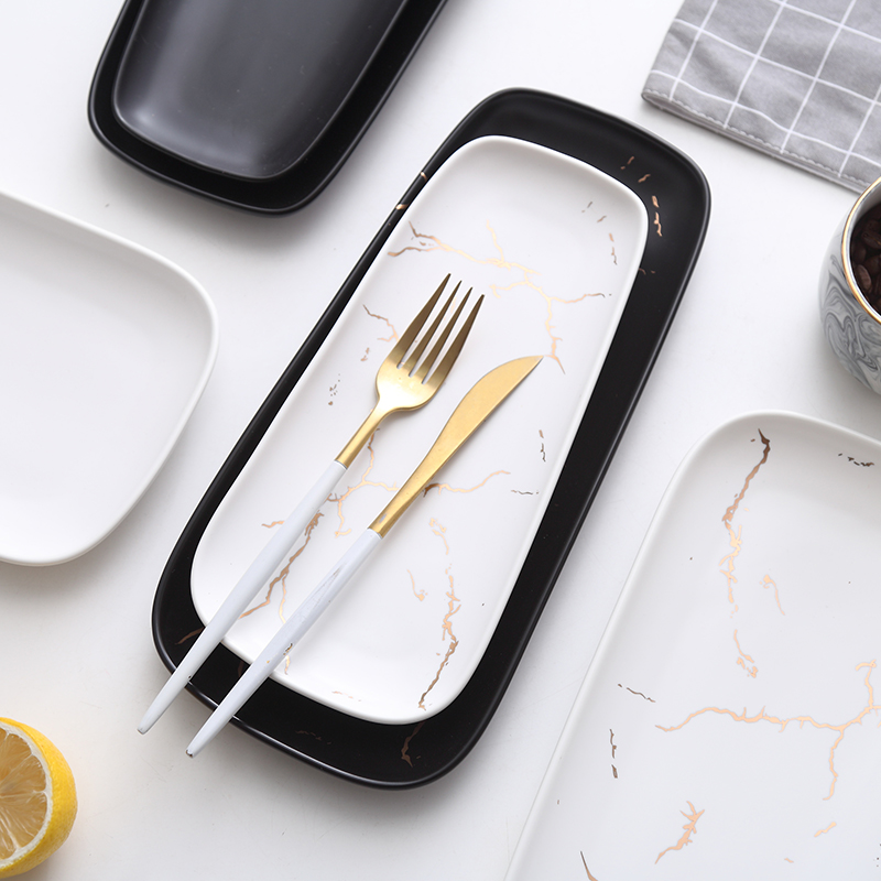 The Nordic disc marble matte enrolled gold ceramic strip plate sushi plate cold dish plate western food steak grail breakfast tray