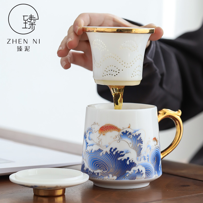 By mud China office cup of dehua white porcelain suet jade wind tide mark cup countries colored enamel paint make tea cup By hand