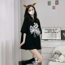 2022 summer new large size womens camellia bow oversize short-sleeved T-shirt womens mid-length trendy