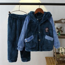 Autumn and winter boys and girls with hats coral velvet casual home clothing set children flannel pajamas cute baby