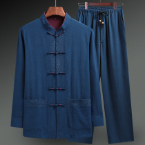 Middle-aged and elderly cotton linen Tang suit mens long sleeves dad clothes spring and autumn thin shirts elderly clothes Grandpa set