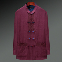 Middle-aged cotton and hemp Tang dress mens spring and autumn long-sleeved shirt Dads outfit Chinese style old mans birthday birthday grandpas outfit