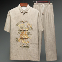 Middle Aged Seniors Summer Thin linen Short sleeves Down with male suit loose Chinese Grandpa clothes Chinese Wind Mens clothing