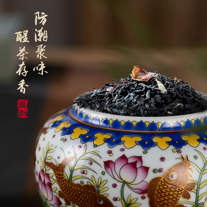 Jingdezhen ceramic tea pot Chinese checking household storage jar black tea pu - erh tea sealed container and POTS