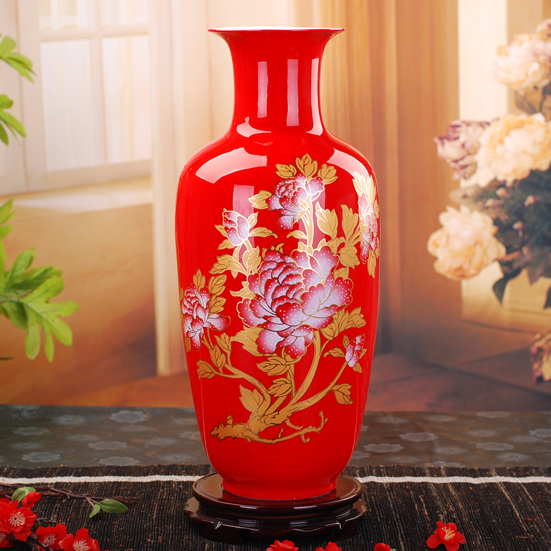 Jingdezhen ceramic vase landing fashionable household living room a study Chinese red peony vases home furnishing articles