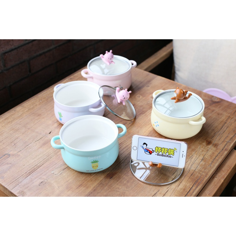 Jingdezhen creative cartoon mercifully rainbow such as bowl with cover ears ceramic bowl, lovely students instant noodles bowl bowl of soup bowl