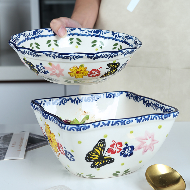 Korean mercifully large lovely salad lace ceramic household under the glaze color ou rainbow such use large soup bowl