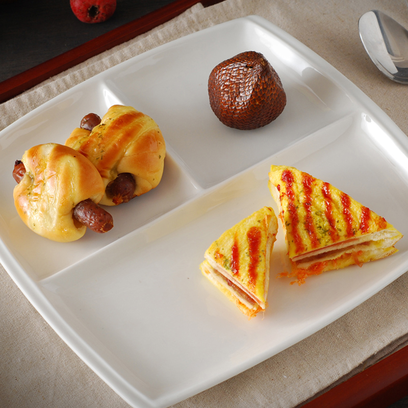 日式早餐盘子陶瓷分格盘创意西餐盘子 方形三格点心盘子学生餐具