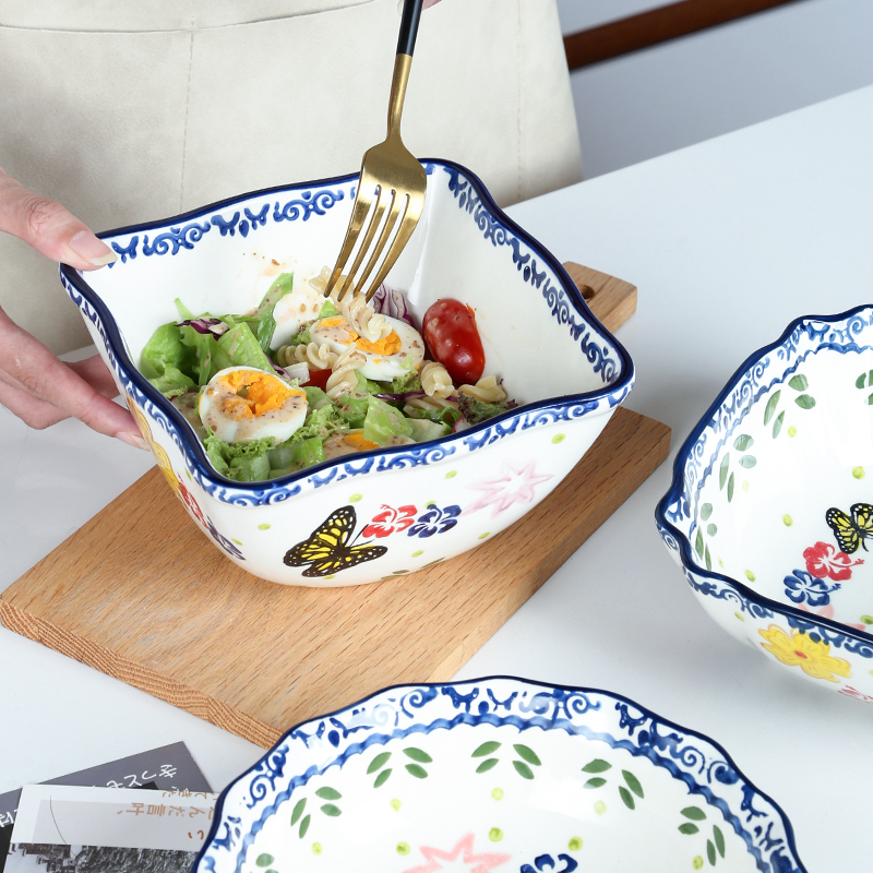 Korean mercifully large lovely salad lace ceramic household under the glaze color ou rainbow such use large soup bowl